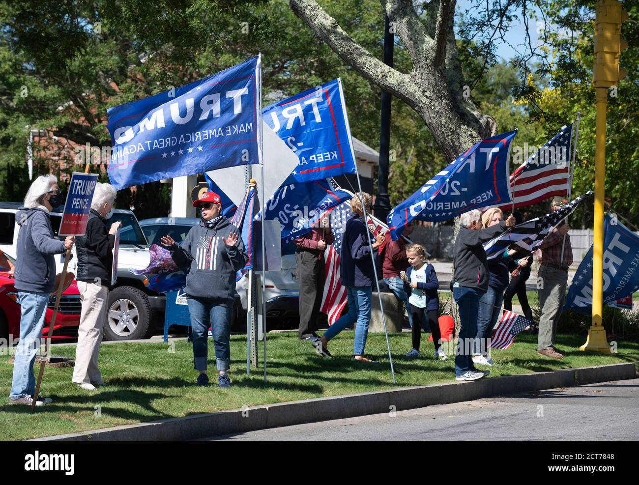 Roadside rally for the re-election of Donald Trump for President of the United States.  Chatham, Massachusetts, on Cape Cod, USA Stock Photo