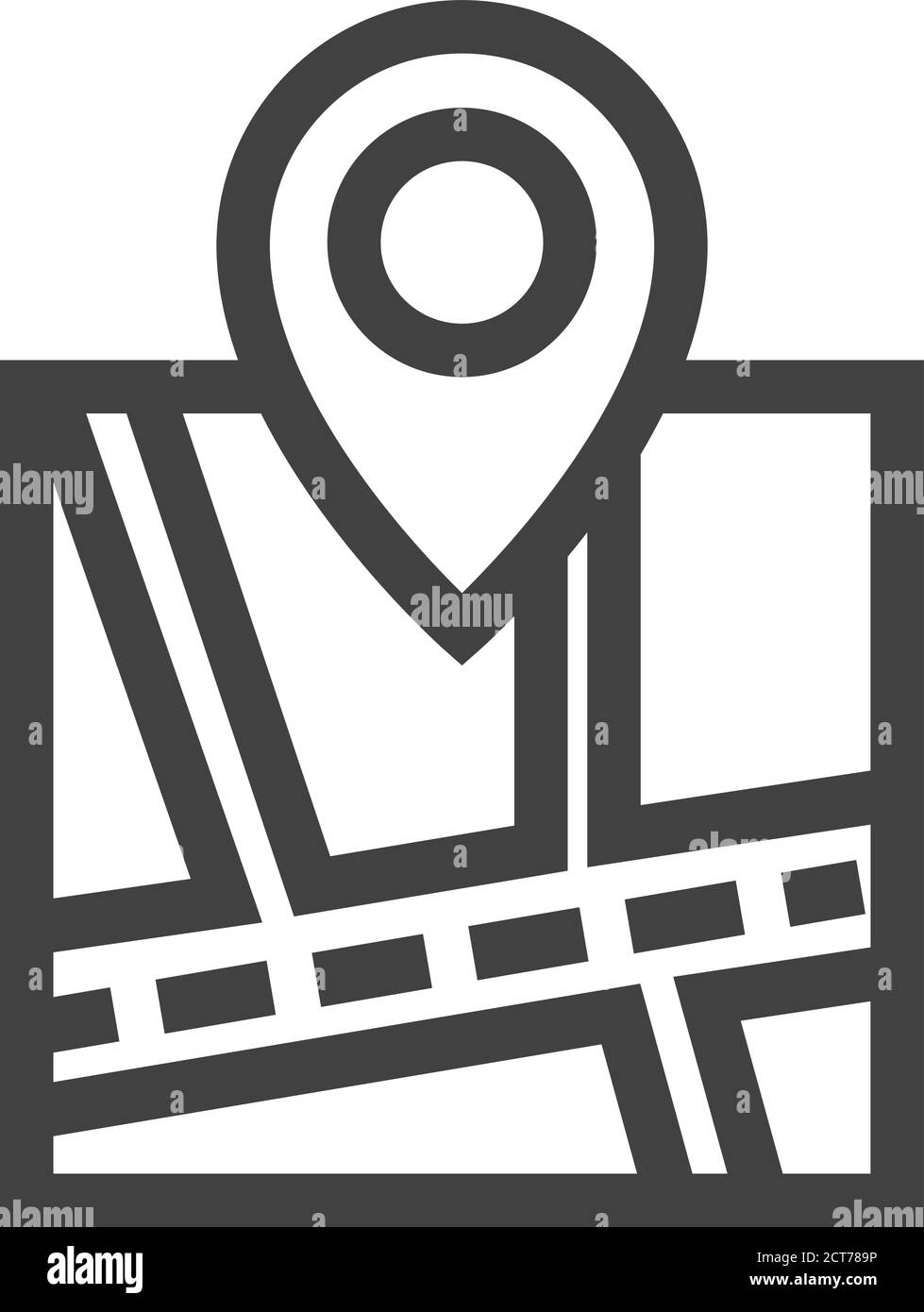 Road map icon with pin location in thick outline style. Black and white ...