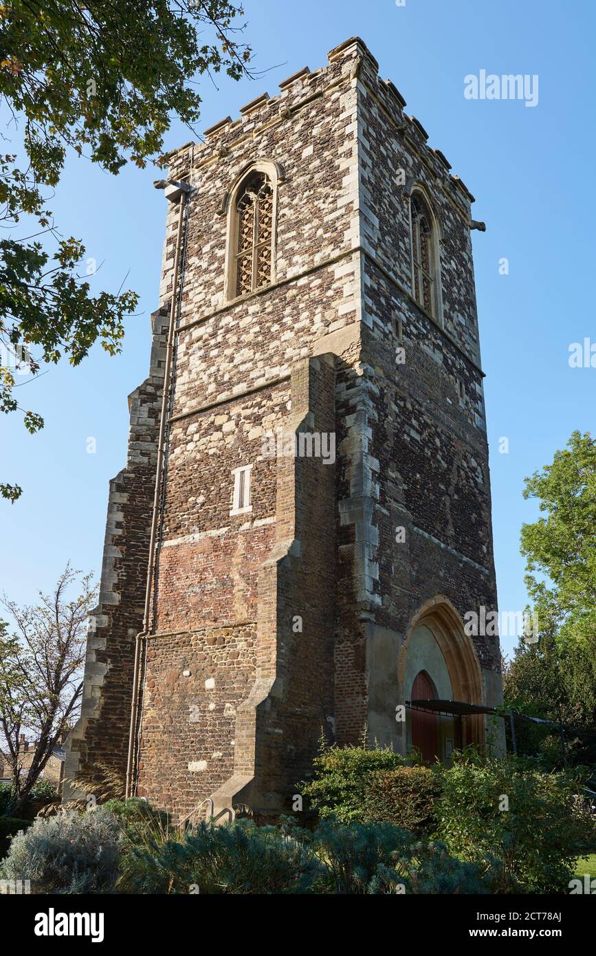 The historic St Mary's church tower at Hornsey, North London UK, looking towards the entrance Stock Photo
