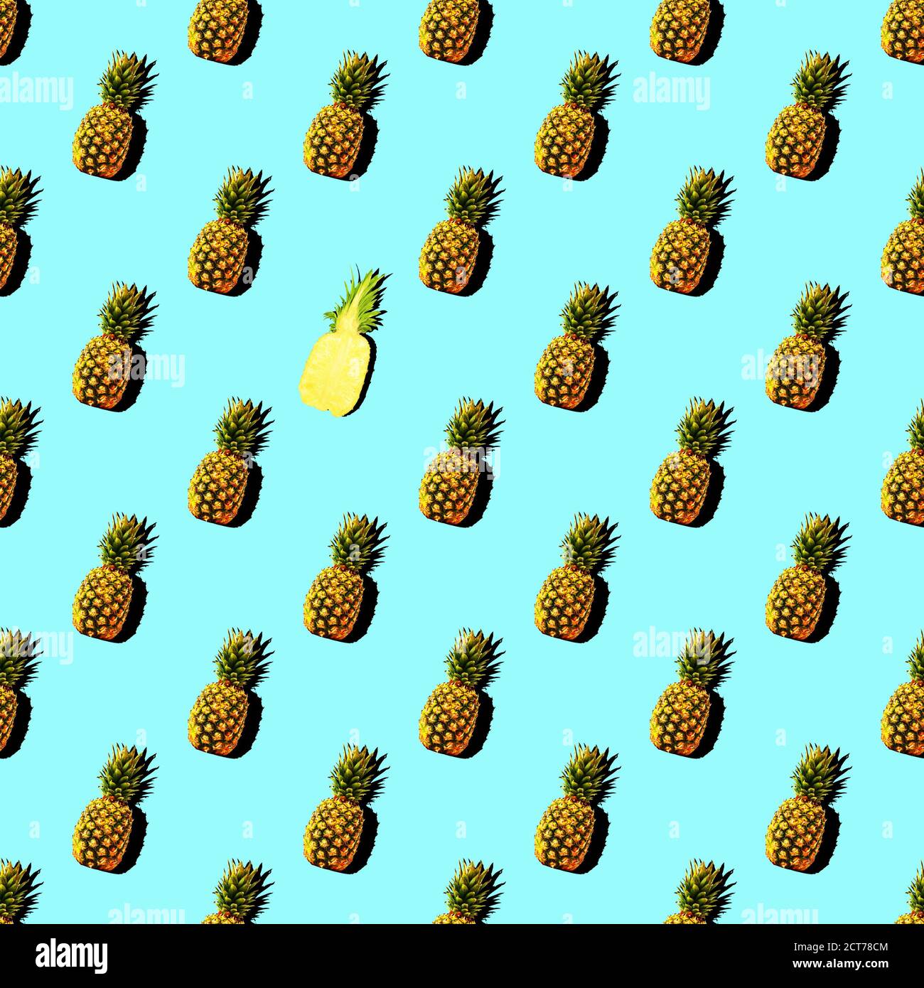 Seamless pattern with summer decoration of ripe pineapple with shadow. Tropical style concept background, wrapper, layout or mockup. Stock Photo
