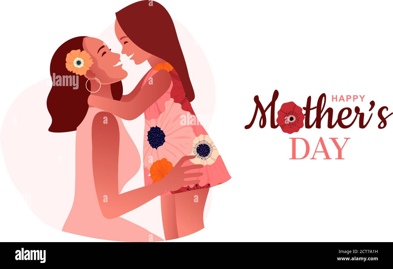 Happy mother's day. Mom hugs her daughter. Mom's love Stock Vector