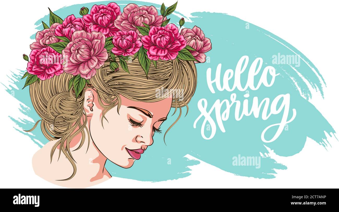 Spring look model. Beautiful girl in a wreath of peonies and roses. Flower wreath. Vector illustration for postcard or poster, print for clothes or ac Stock Vector