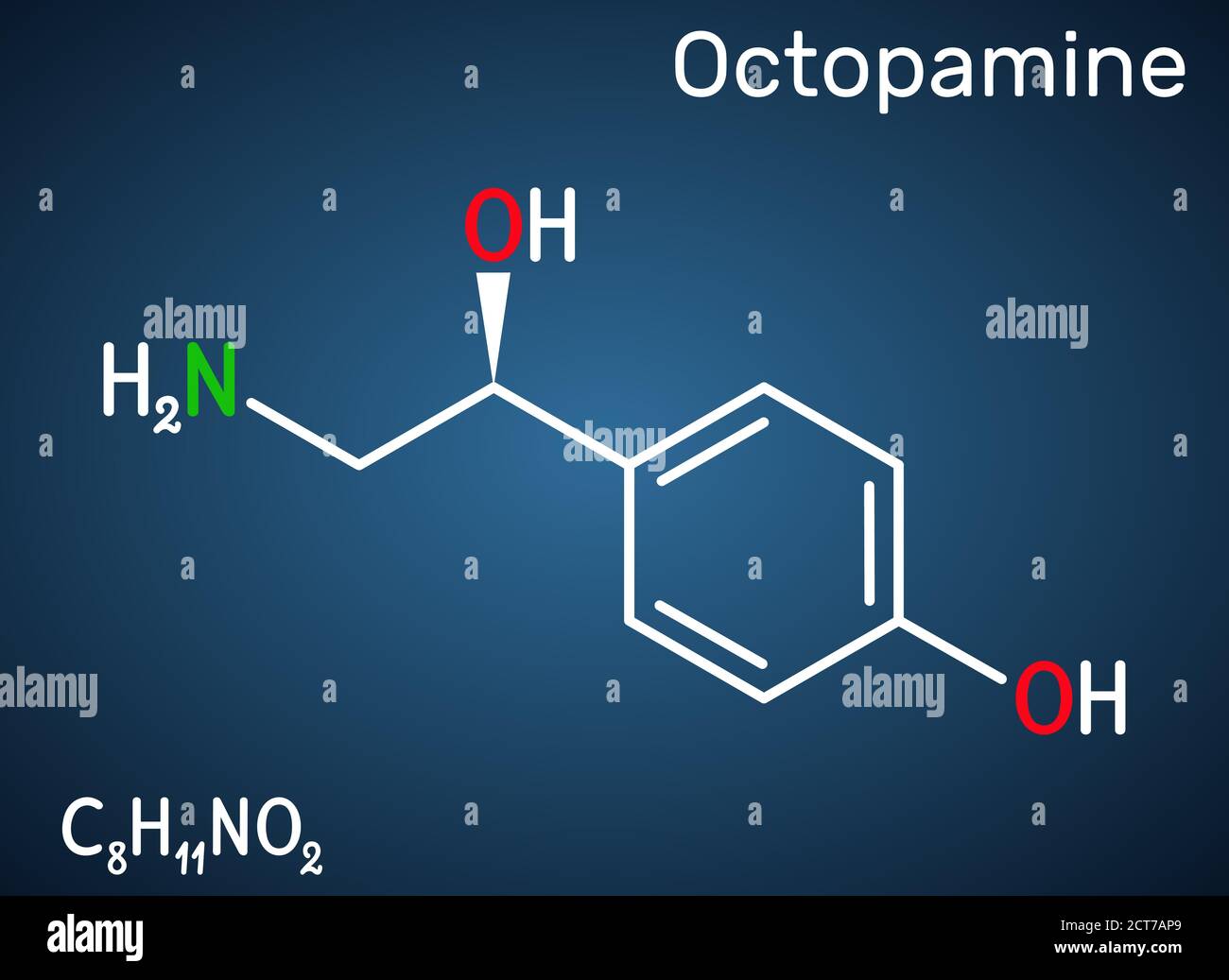 Octopamine molecule. It is biogenic phenylethanolamine, sympathomimetic drug . Structural chemical formula on the dark blue background. Vector illustr Stock Vector