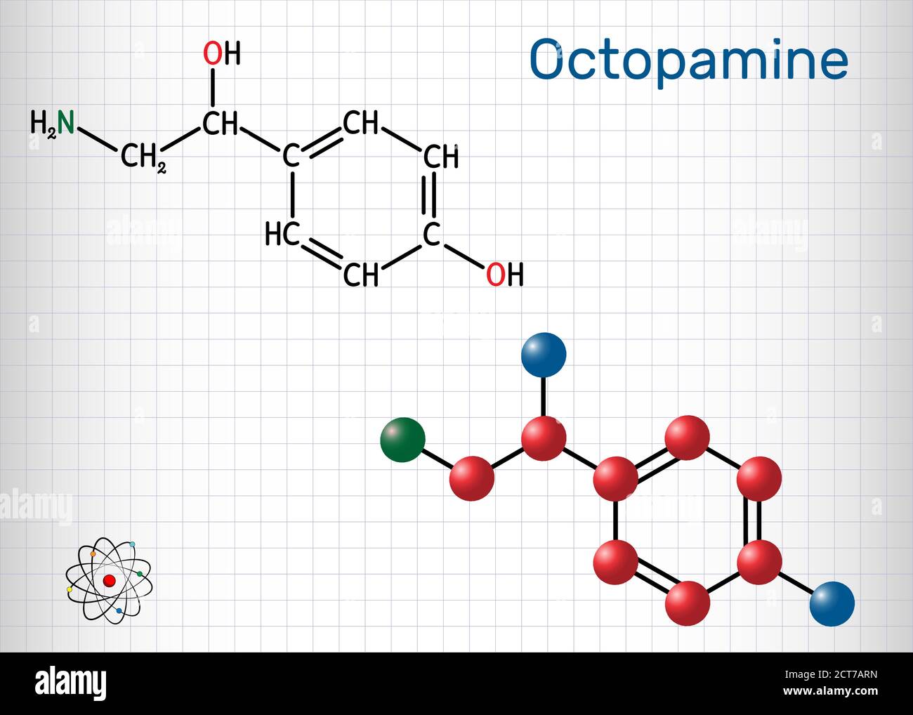 Octopamine molecule. It is biogenic phenylethanolamine, sympathomimetic drug . Structural chemical formula and molecule model. Sheet of paper in a cag Stock Vector