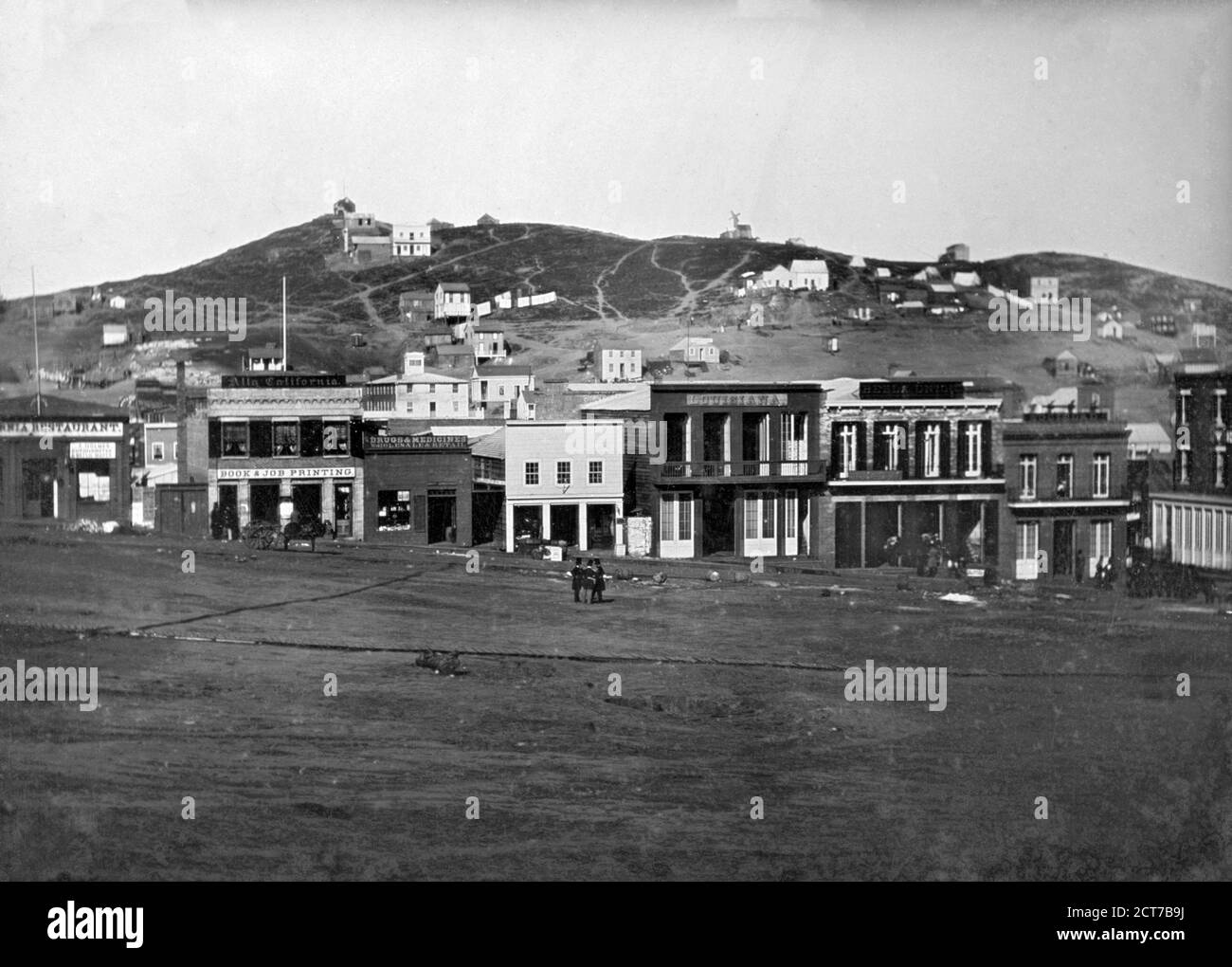 California Gold Rush. Portsmouth Square in San Francisco in 1851 during the California Gold Rush (1848–1855), daguerrotype, 1851 Stock Photo