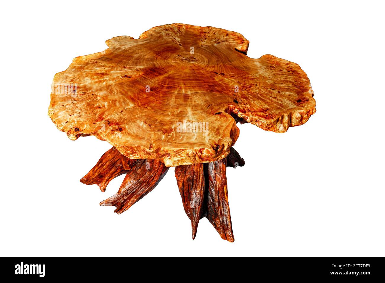 Stylish wooden table is carved from solid wood root and covered with