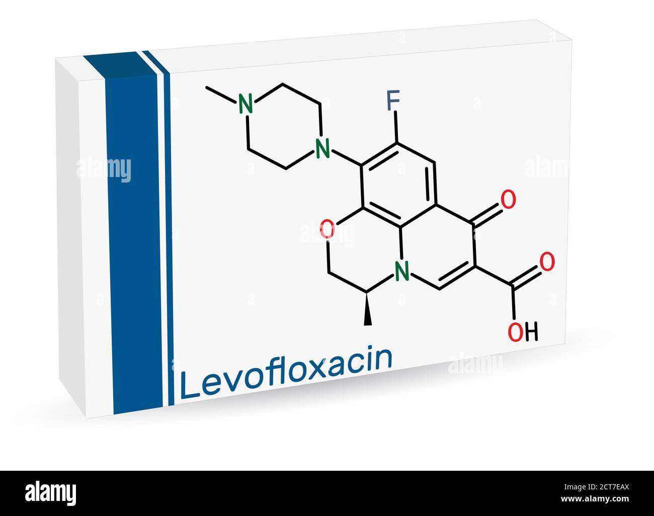 Levofloxacin, fluoroquinolone antibiotic molecule. It is used to treat bacterial sinusitis, pneumonia. Paper packaging for drugs. Vector illustration Stock Vector