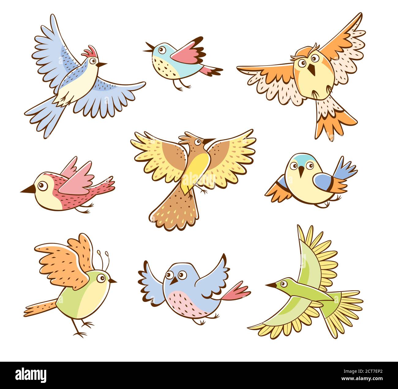 Collection of different birds in flying pose. Colorful birds isolated on  white background. Cartoon style. Hand drawn vector illustration Stock  Vector Image & Art - Alamy