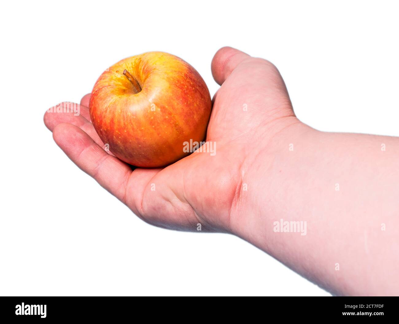 The yellow apple with red spots lies in a hand on a white background