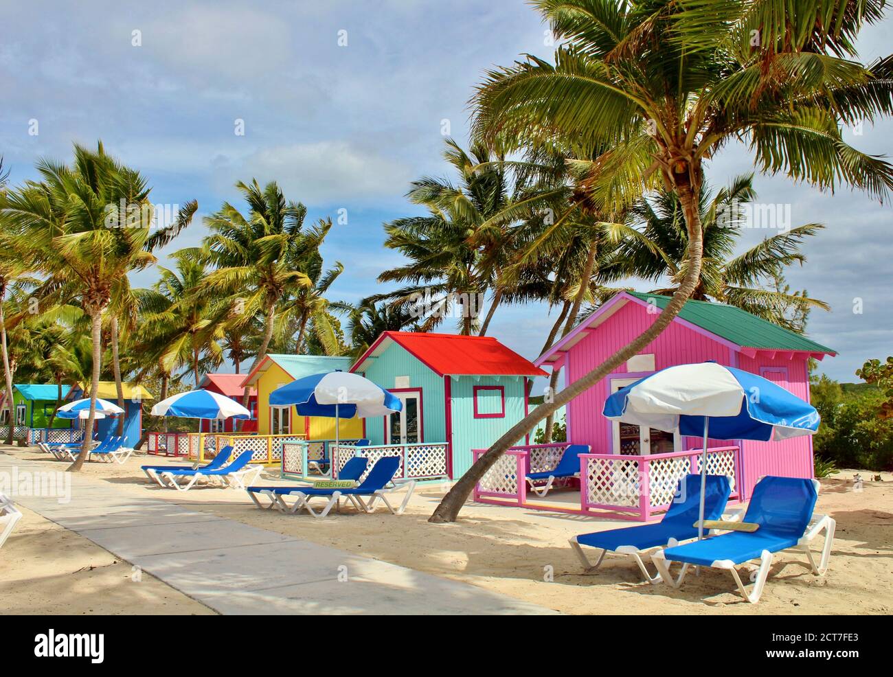 Beach Cabanas, lounge chairs, and palm trees along the beach in ...