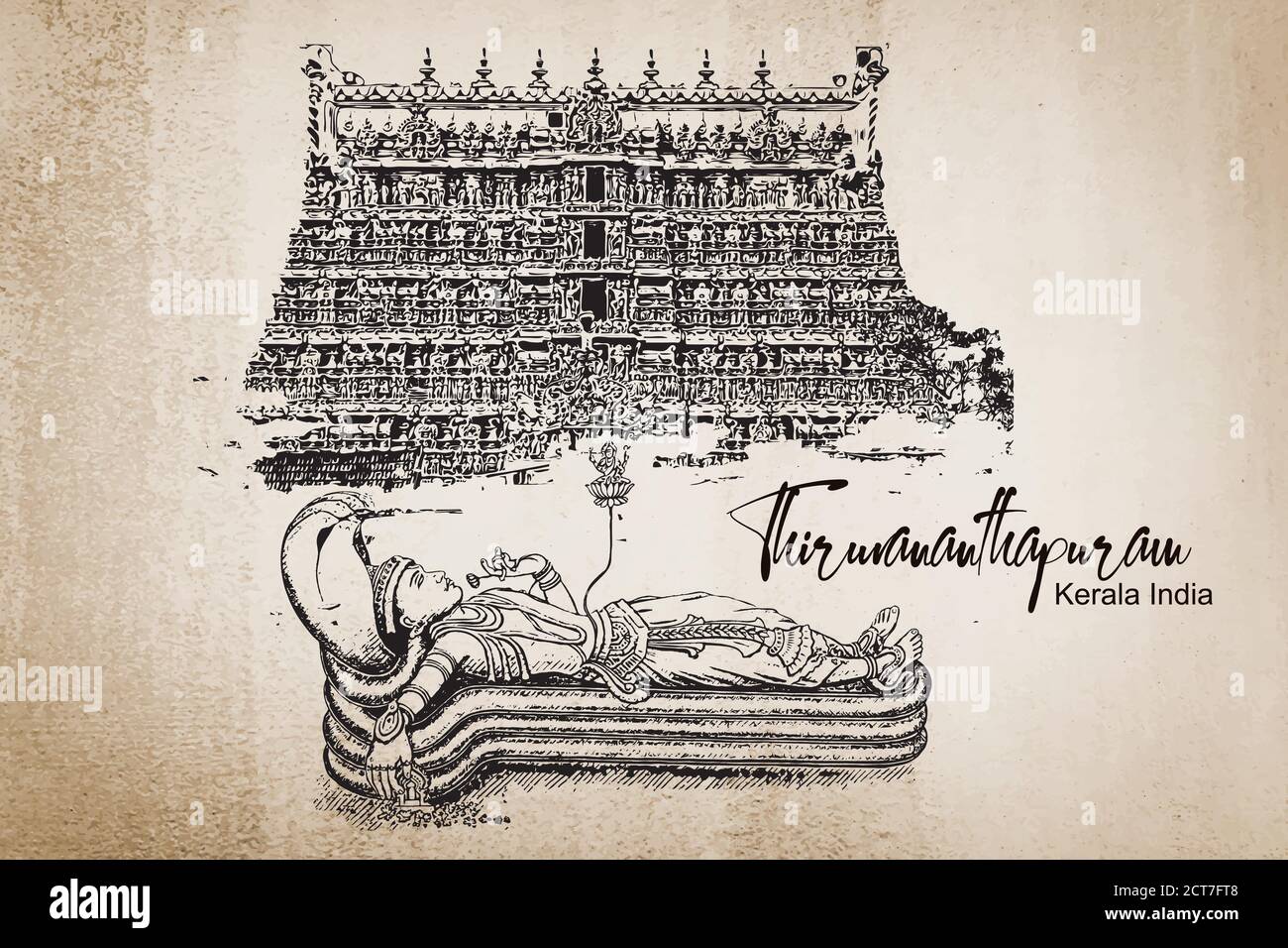 Thiruvanthapuram Shri padmanabhaswamy temple vector illustration , hand drawing  state capital of Kerala, India. vintage background. Stock Vector