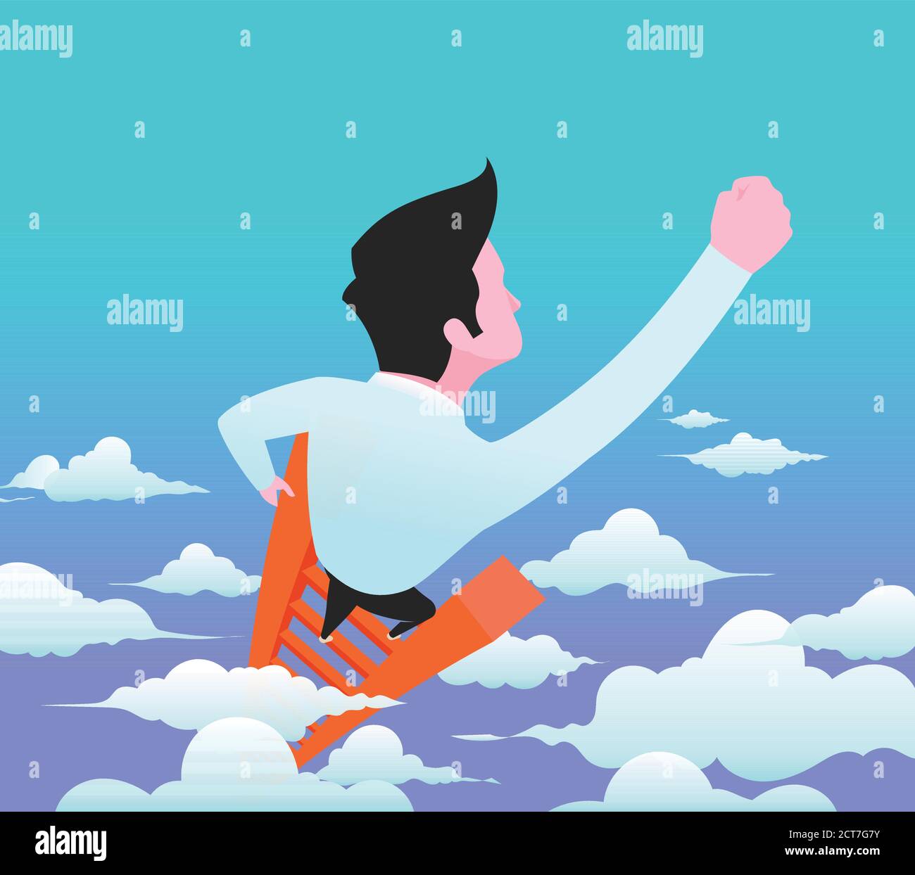 Businessman climbing a ladder through the clouds. Vector illustration ...