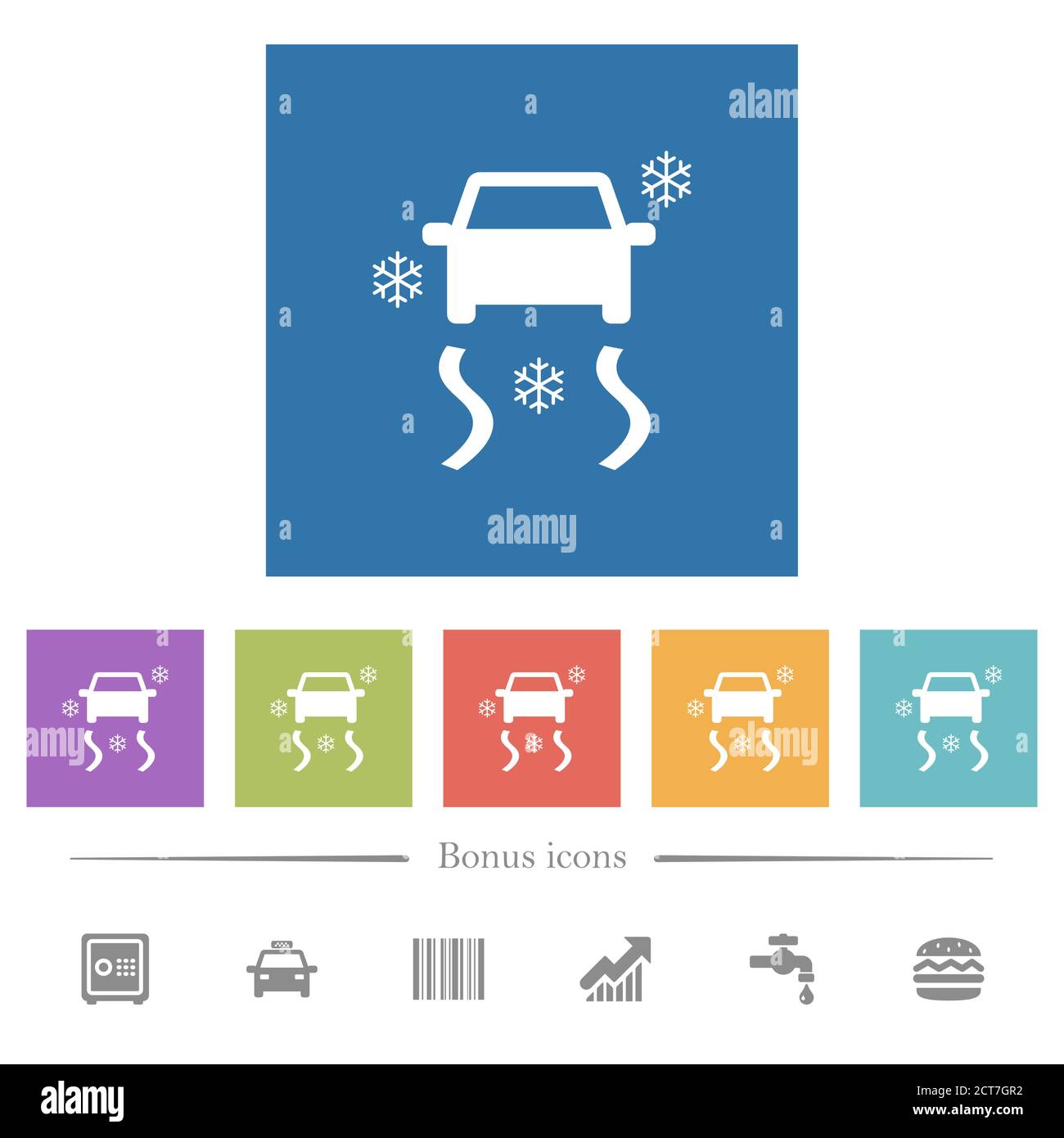 Snowy road dashboard indicator flat white icons in square backgrounds ...