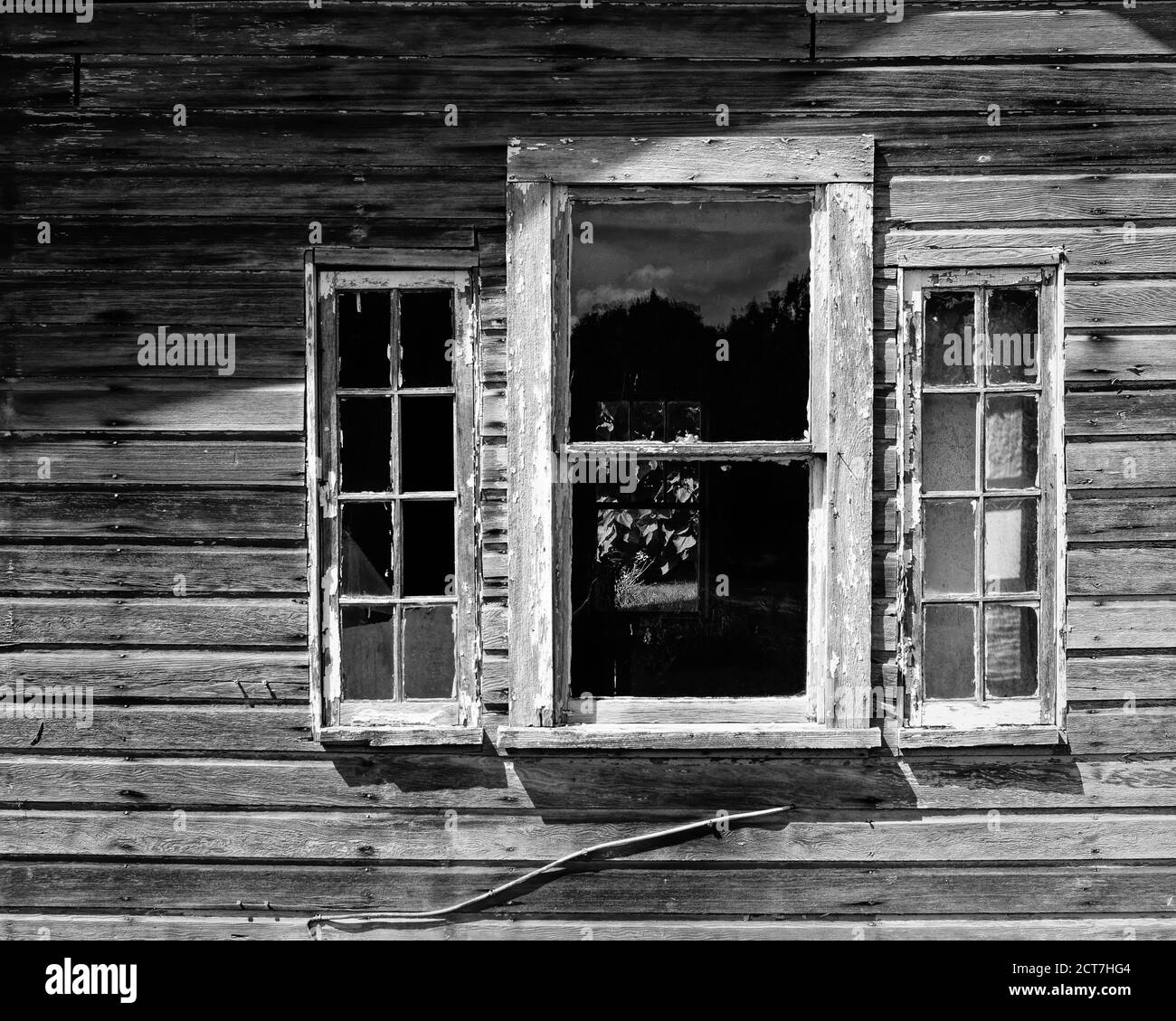 Three windows on the side of an abandoned shack so weathered all of the external paint has faded away. Stock Photo