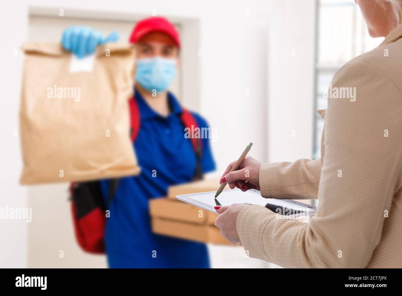 Delivery Man Mask Gloves Bring Fresh Food Customer's Home Stay