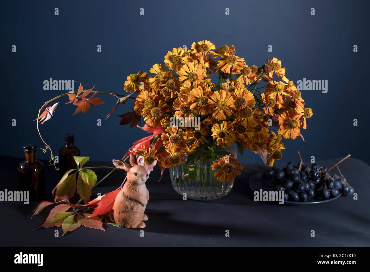 A bouquet of orange helenium with wild grape leaves in a fluted glass vase against a dark blue wall. Porcelain figurine of a hare. Stock Photo