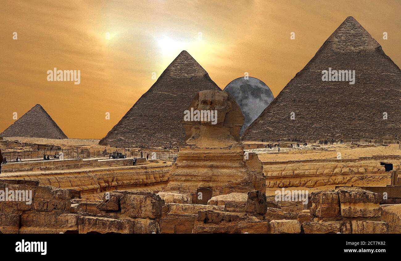 Pyramids of Giza and Sphinx with a composite moonscape Stock Photo