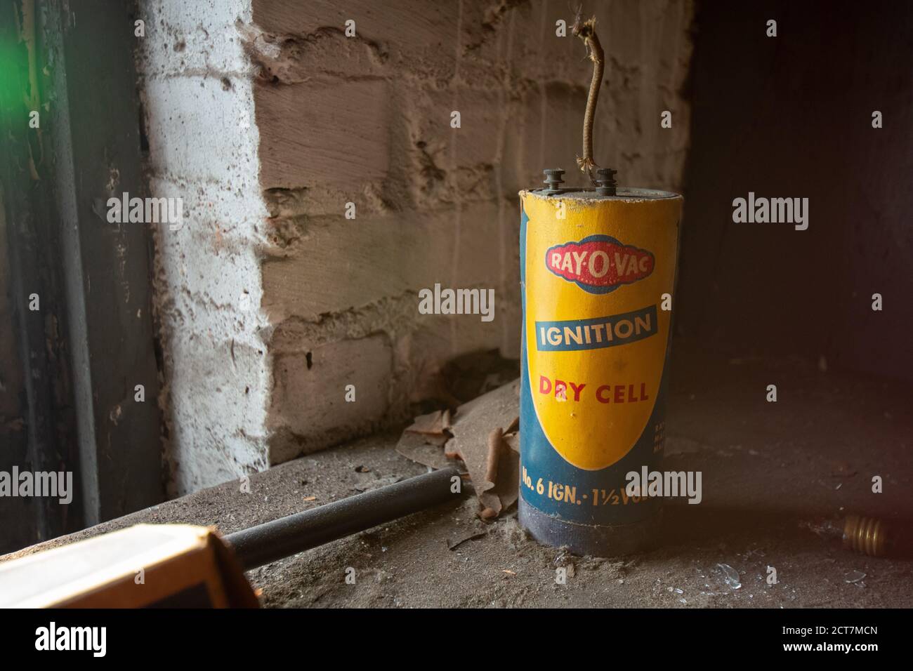 NEWARK, NEW JERSEY - JULY 17, 2020: An Antique Ray-O-Vac Dry Cell Ignition Battery Sits Forgotten Inside the Abandoned Proctors Palace Theatre in Newa Stock Photo