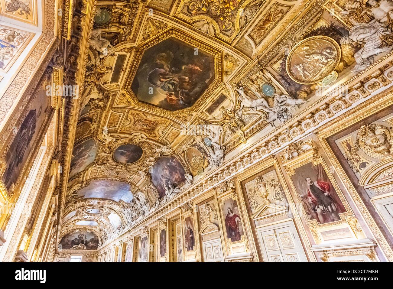 Interior of the Louvre museum in Paris. Statues and paintings. Paris ...