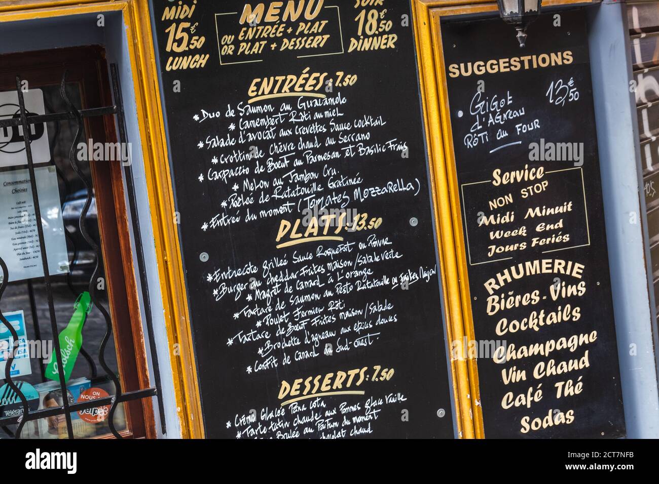 Menu of the restaurant of the local cafe. Paris France July 28