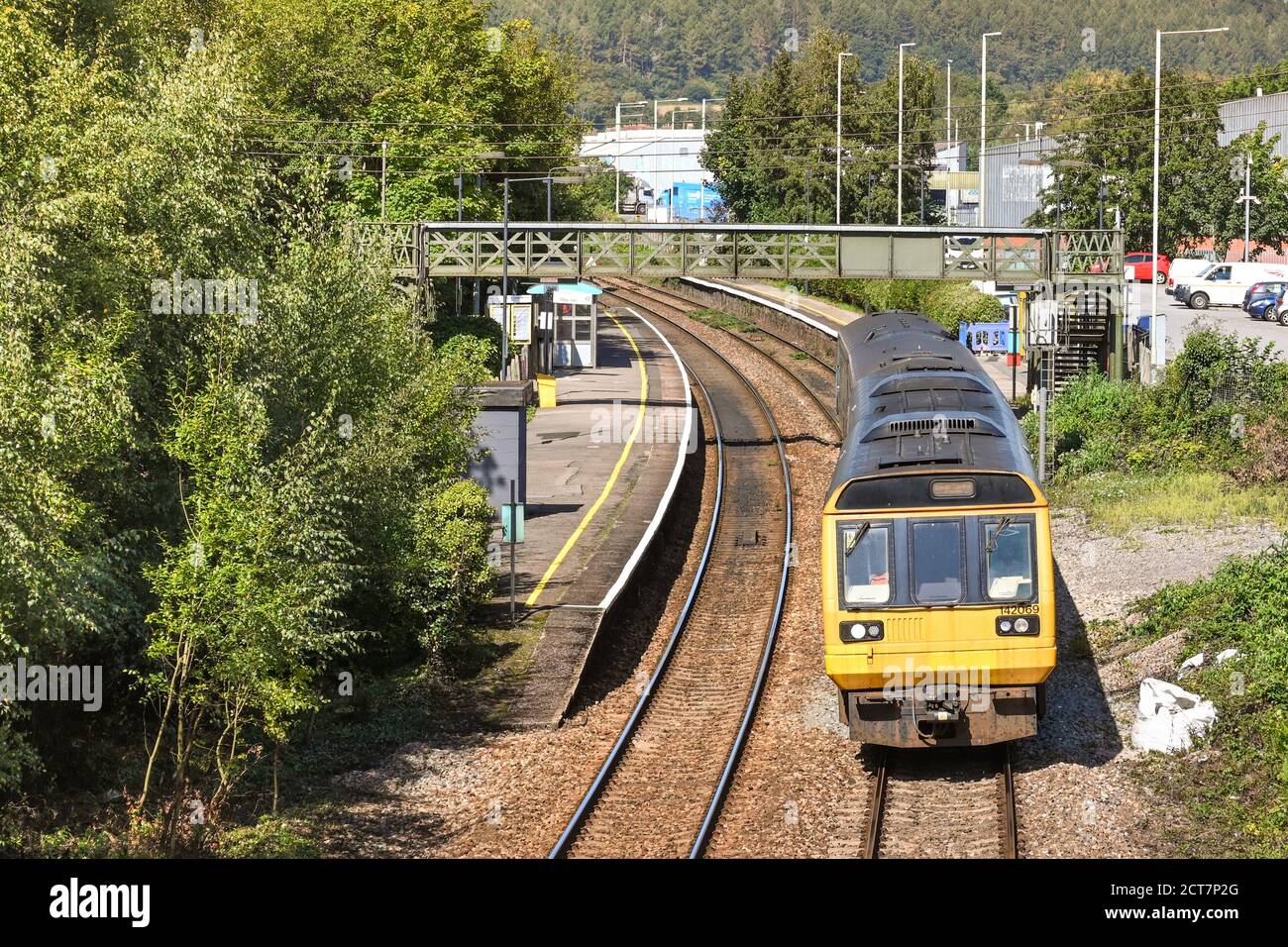 Taffs Well, near Cardiff, Wales - September 2020: Commuter train leaving Taffs Well station bound for Cardiff. Stock Photo