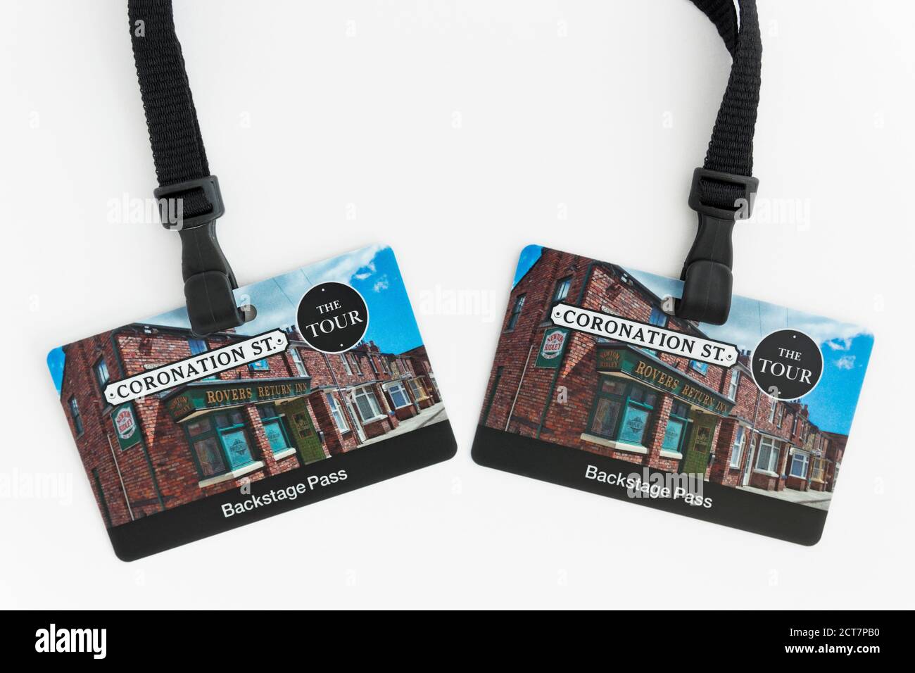 Backstage passes from the Coronation Street tour at Granada Studios, Manchester, UK. Coronation Street is currently the longest running television soa Stock Photo