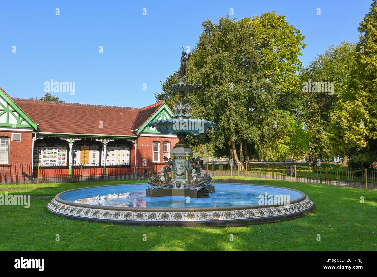 Aberdare, Wales September 2020 Ornate fountain with round pool of water in Aberdare park