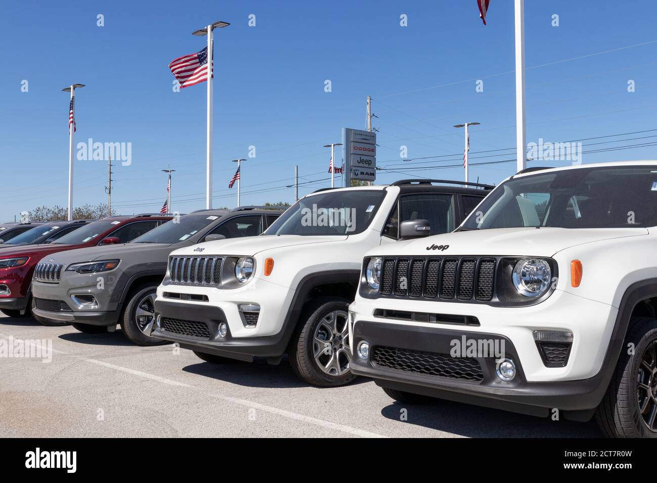 Plainfield Circa September 2020 Jeep Renegade display with American flag at a Chrysler