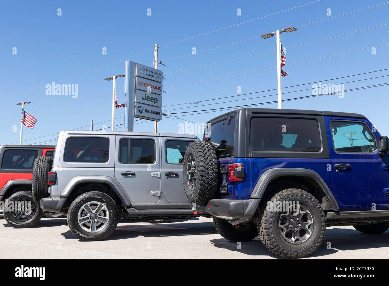 Plainfield Circa September 2020 Jeep Wrangler display with American flag at a Chrysler