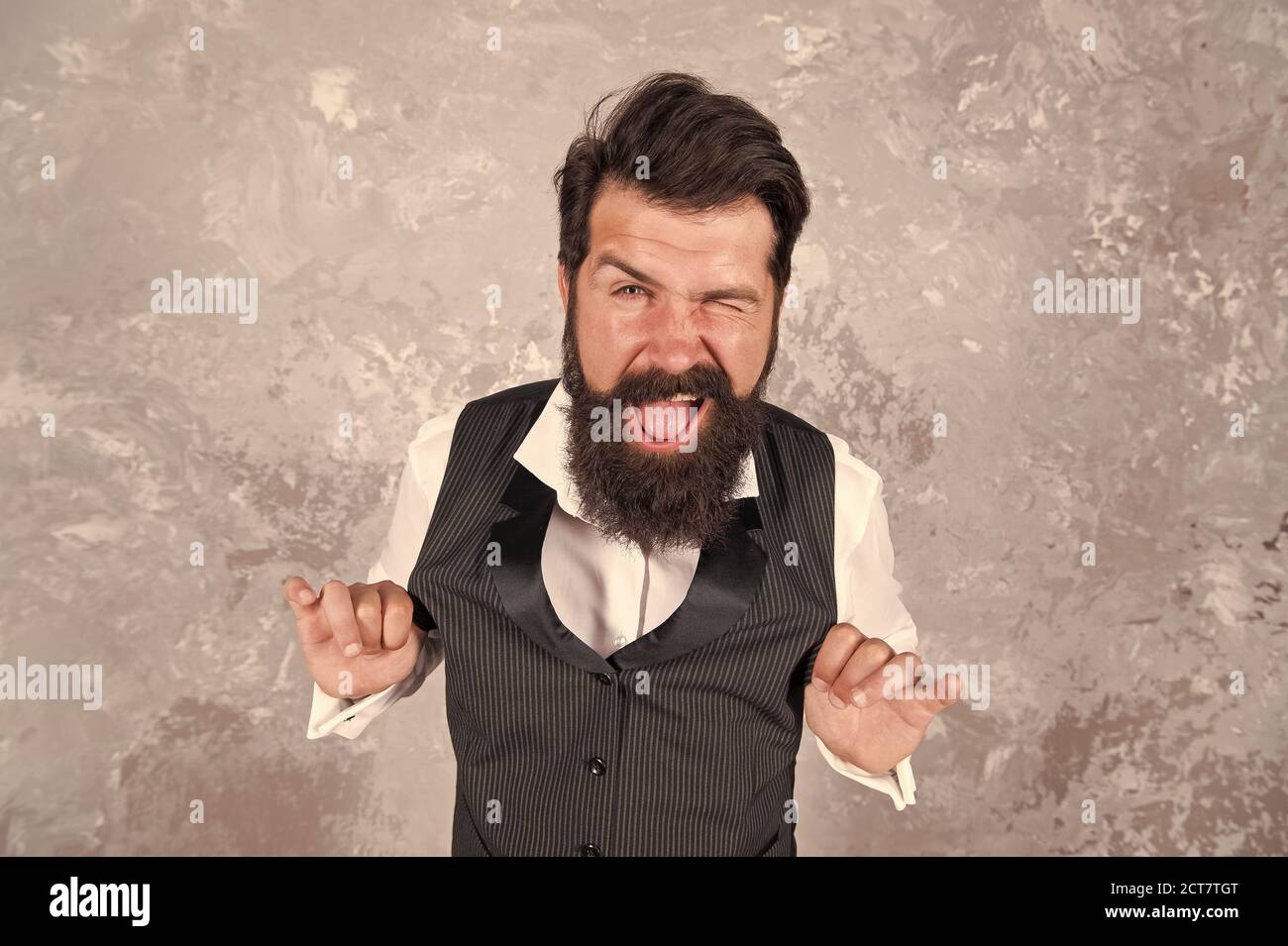 Cheerful and cunning. Jewish traditions. Holiday celebration. Emotional expression. Charming jewish person. Bearded jewish man. Guy mature bearded stylish dressed in shirt and vest. Jewish holiday. Stock Photo