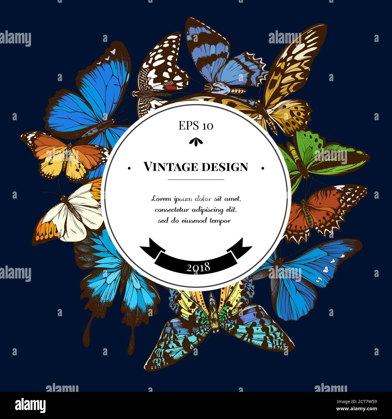 Badge over design with red lacewing, african giant swallowtail, alcides agathyrsus, common green birdwing, madagascan sunset moth, great orange-tip Stock Vector