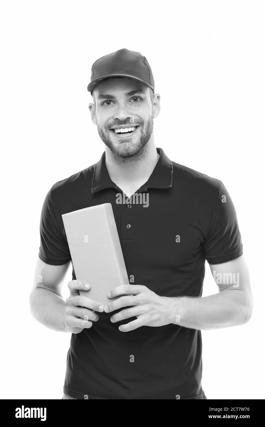 Here is your parcel. Ready to serve you. Man delivery service. Guy in