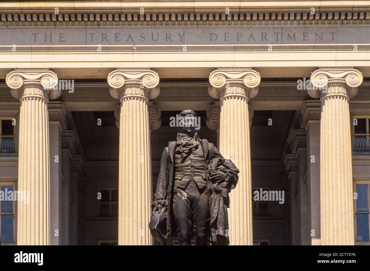 Alexander Hamilton statue in front of Treasury Department building Washington DC Stock Photo