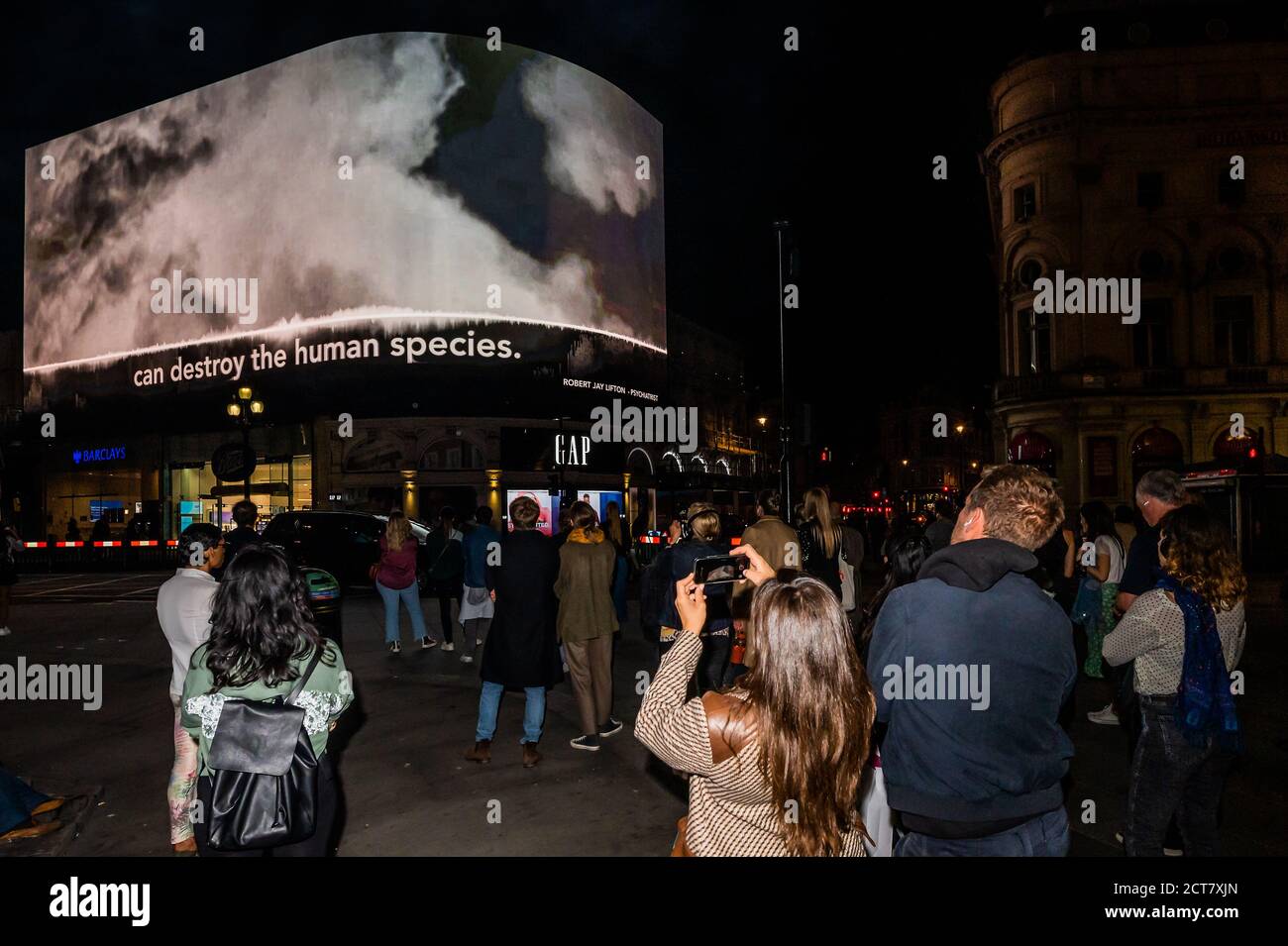 London, UK. 21st Sep, 2020. I Saw The World End, an illuminated ‘collective reading' of text exploring both perspectives on dropping of the atomic bombs on Hiroshima and Nagasaki. It was collated by Es Devlin and Machiko Weston and is screened on the Piccadilly Lights in London to mark United Nations International Day of Peace. Credit: Guy Bell/Alamy Live News Stock Photo