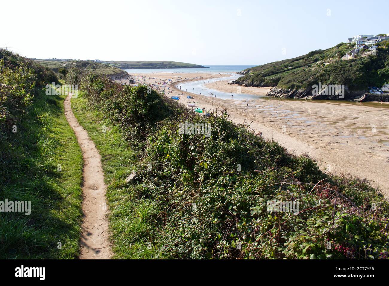 Gannel Estuary, Newquay, Cornwall, UK - September 17 2020: The South West Coast Path runs beside the river Gannel with people enjoying the sandy beach Stock Photo