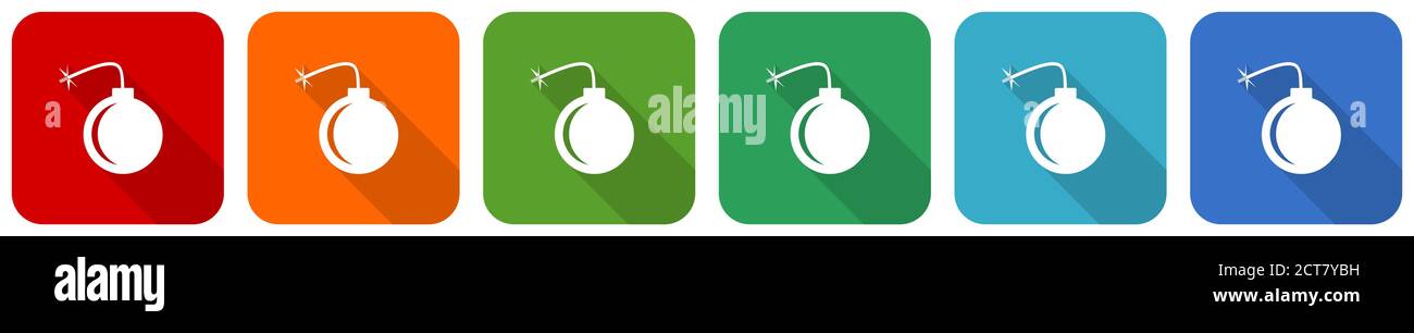 Bomb icon set, flat design vector illustration in 6 colors options for ...