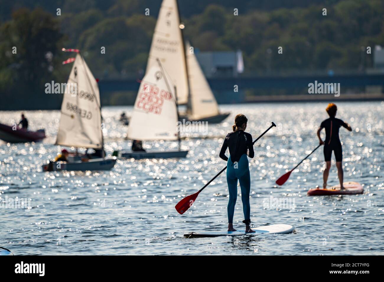 Lake Baldeney in Essen, reservoir of the Ruhr, sailing boats, standup