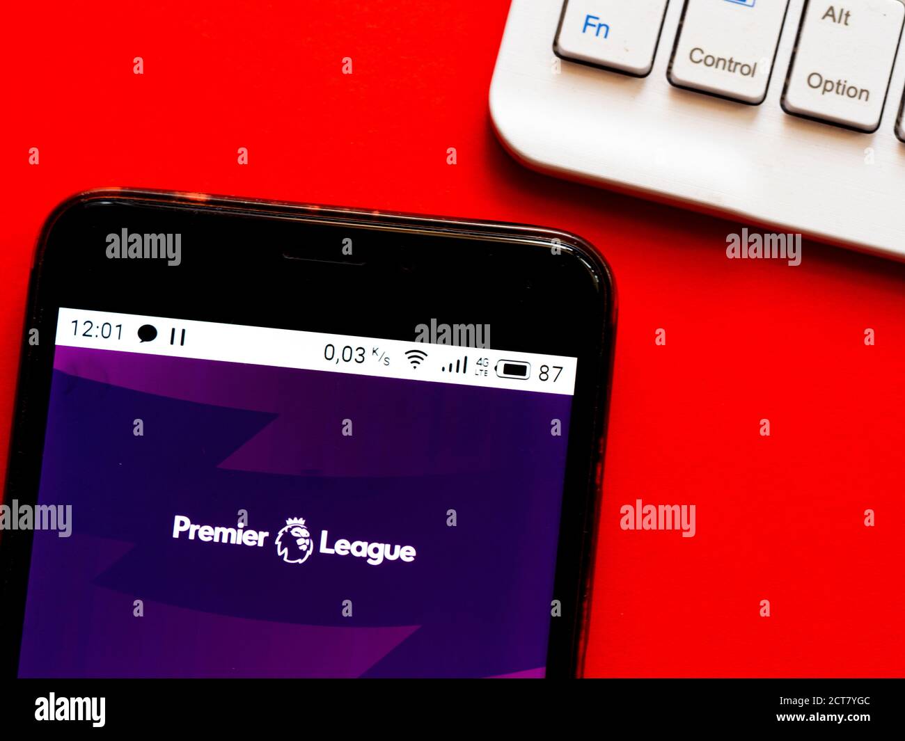 In this photo illustration a Premier League logo seen displayed on a smartphone. Stock Photo