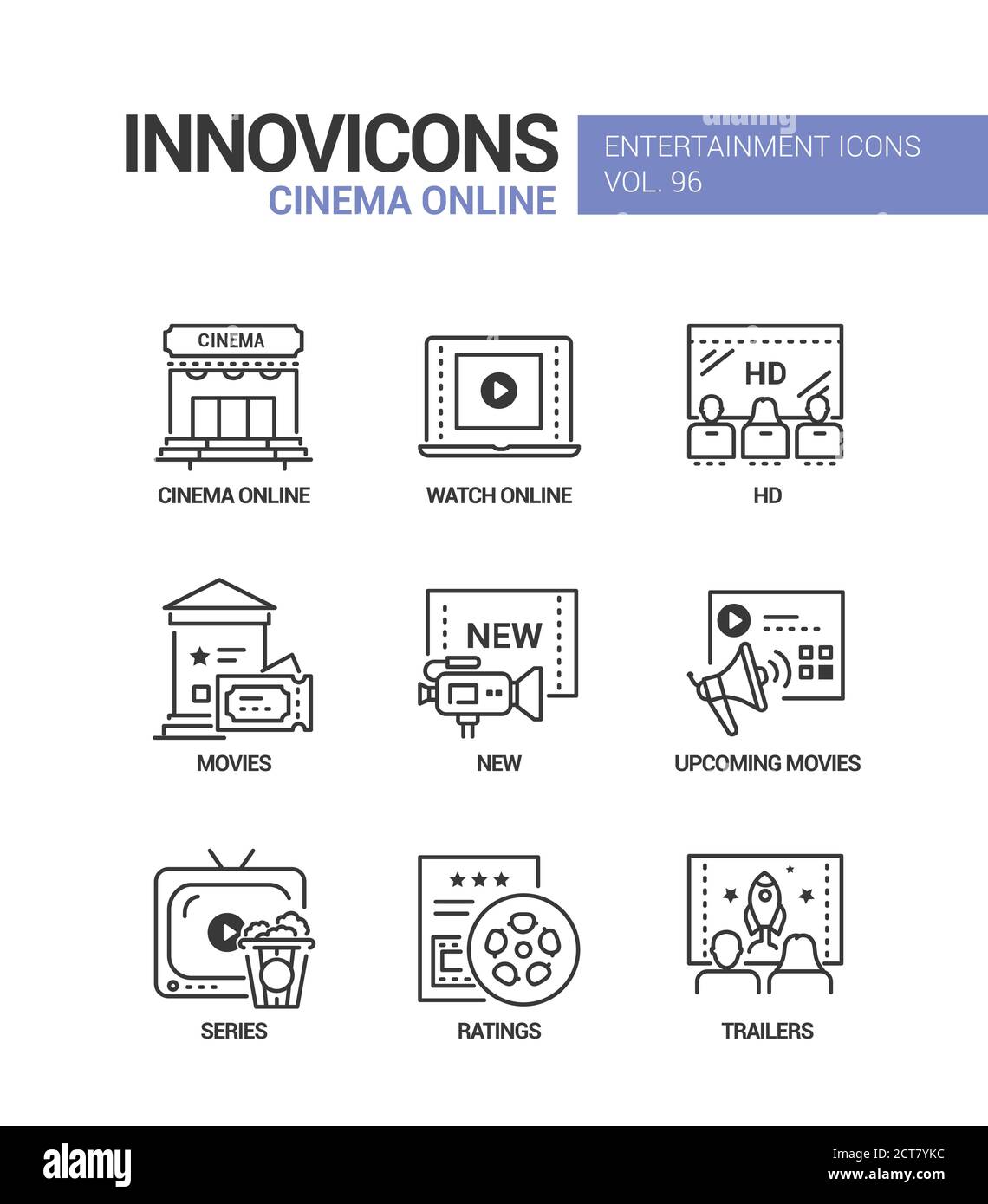 Cinema online - vector line design style icons set Stock Vector Image ...