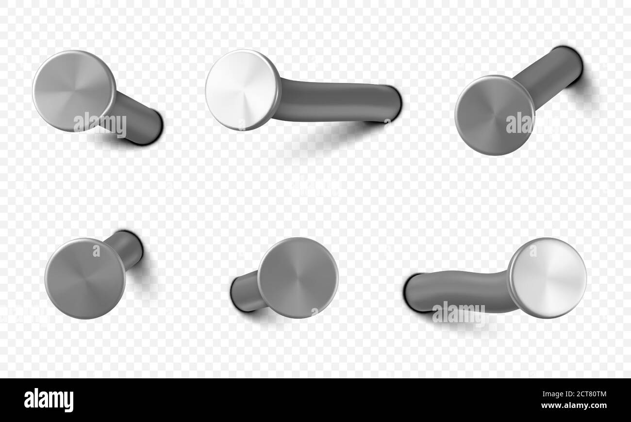 Nails hammered into wall, steel or silver pin heads, straight and bent metal hardware spikes or hobnails with grey caps top view isolated on transparent background. Realistic 3d vector icons set Stock Vector