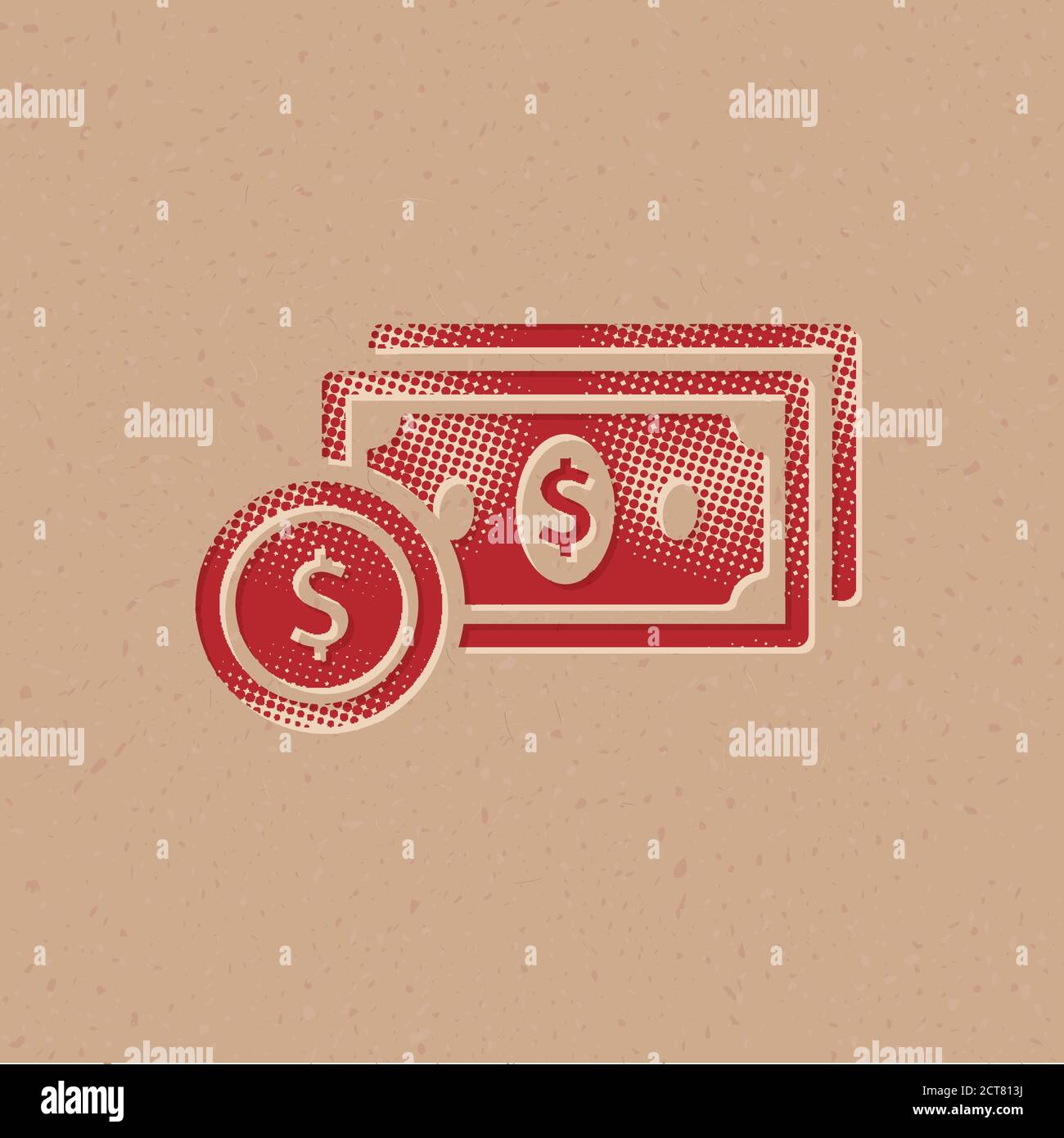 Money icon in halftone style. Grunge background vector illustration. Stock Vector