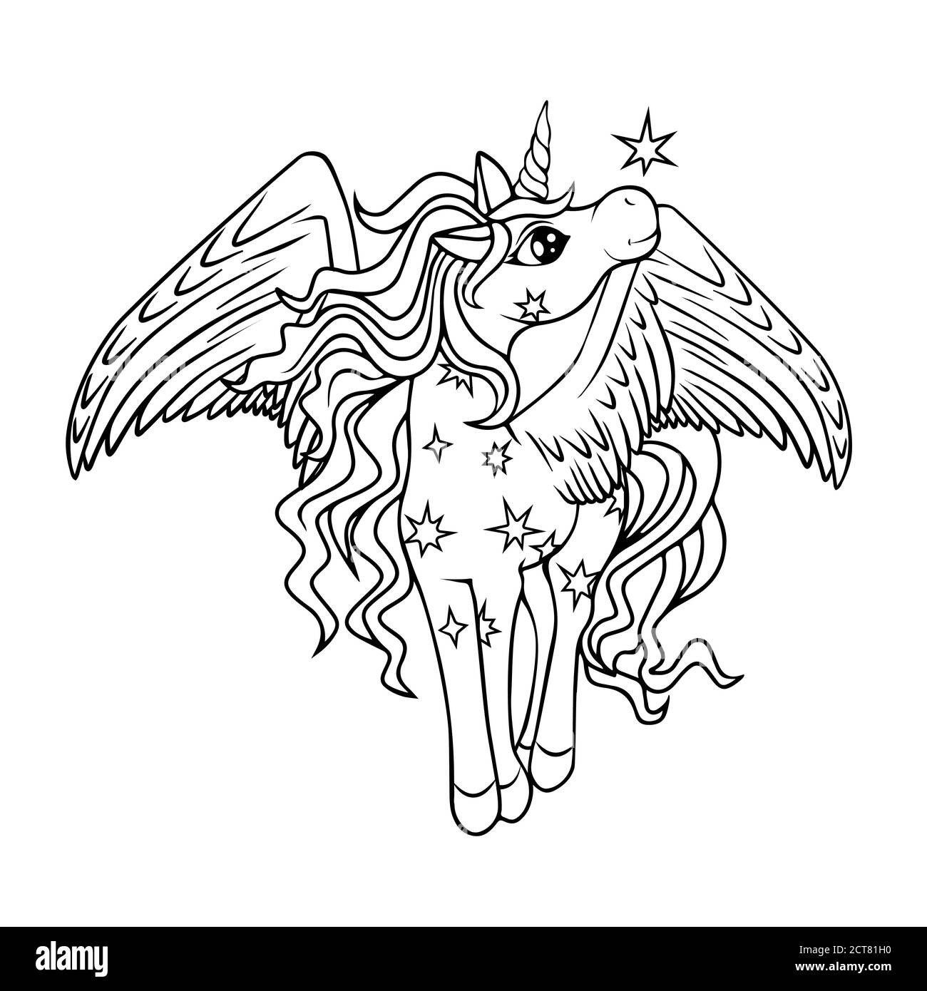 Cute magical winged unicorn with stars. Black outline. Coloring ...