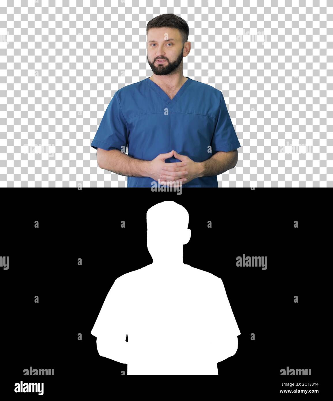 Male doctor surgeon talking while walking, Alpha Channel with Si Stock Photo