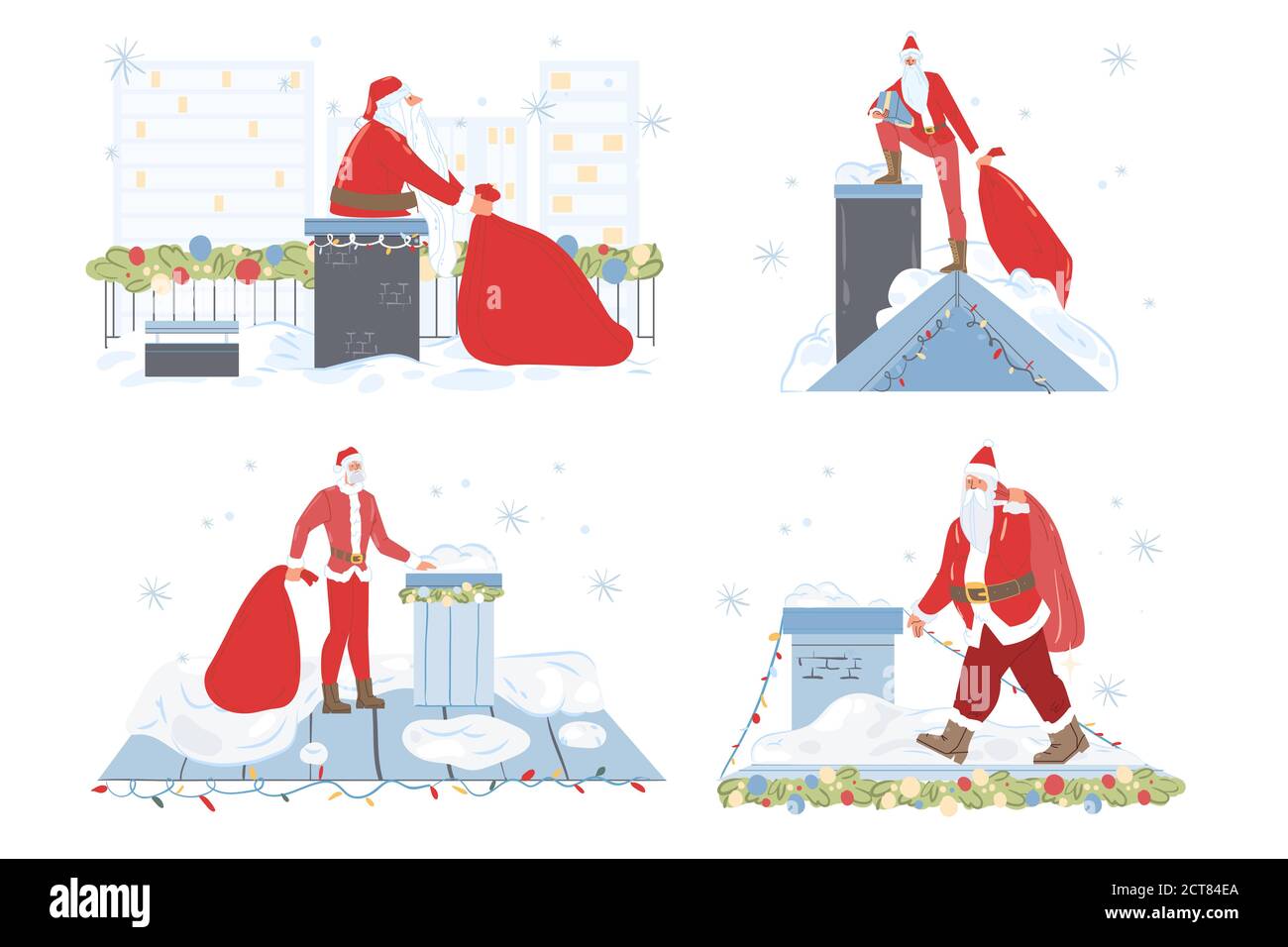 Santa Claus on roof christmas holiday scene set Stock Vector
