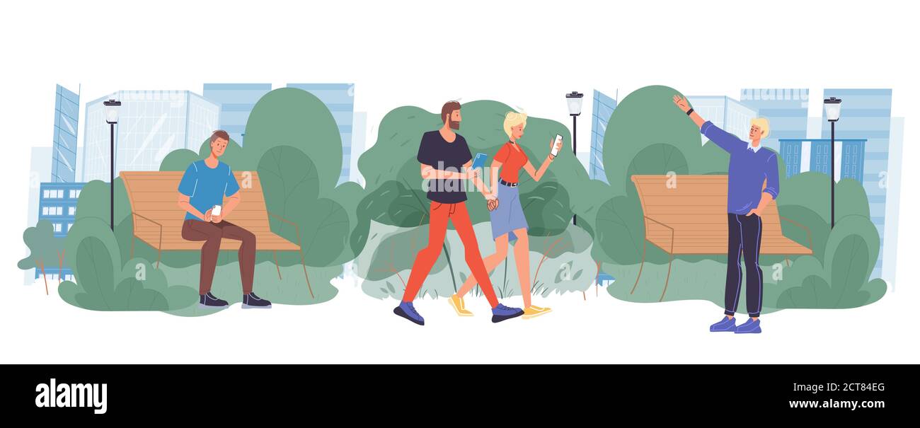 People look at gadget screen on walk in urban park Stock Vector Image ...