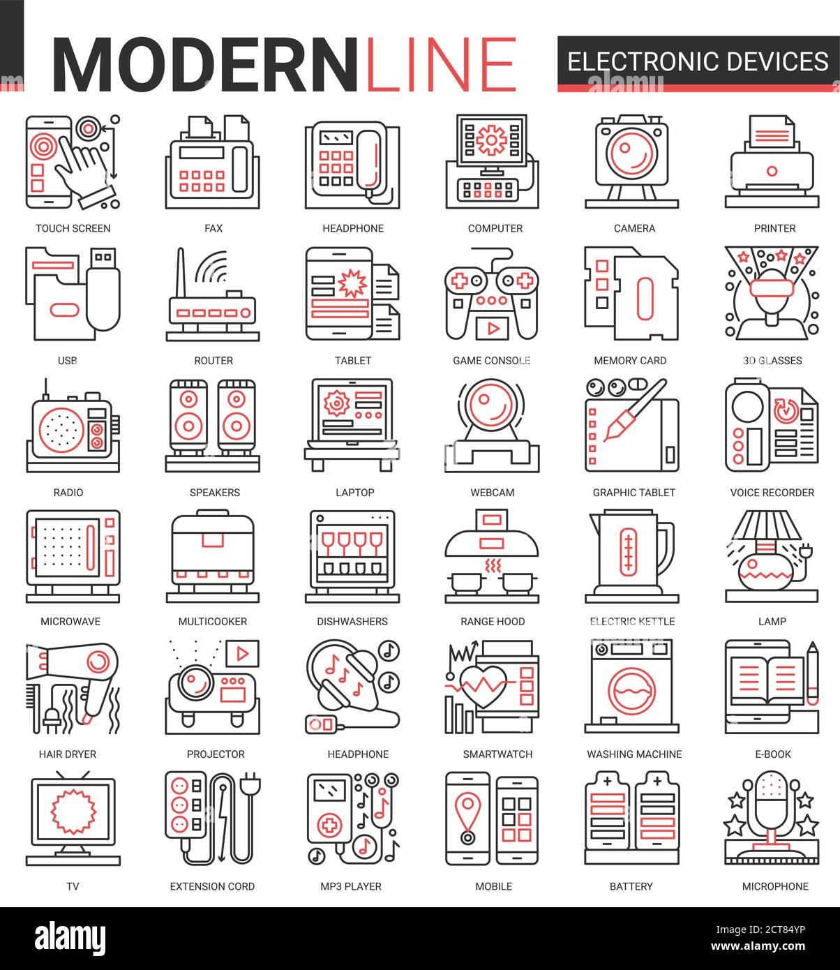 Electronic devices complex concept icon vector set. Red black thin line computer game accessories and kitchen appliances collection of outline electronically symbols for gadget or kitchenware store Stock Vector