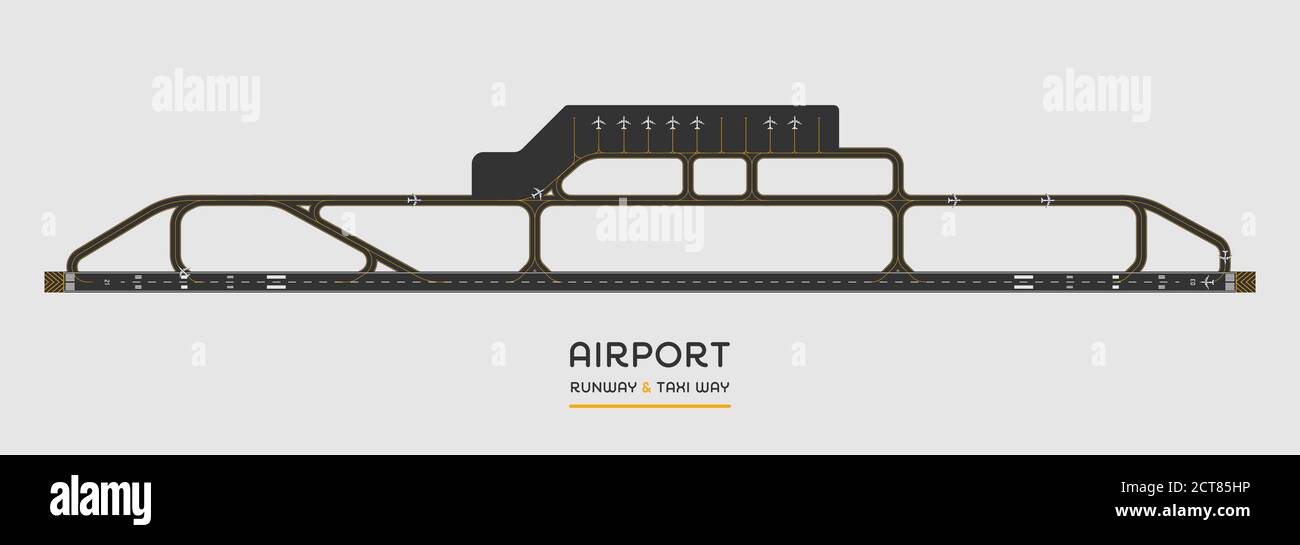 Top view of airport runway and taxi way with airplane, vector ...