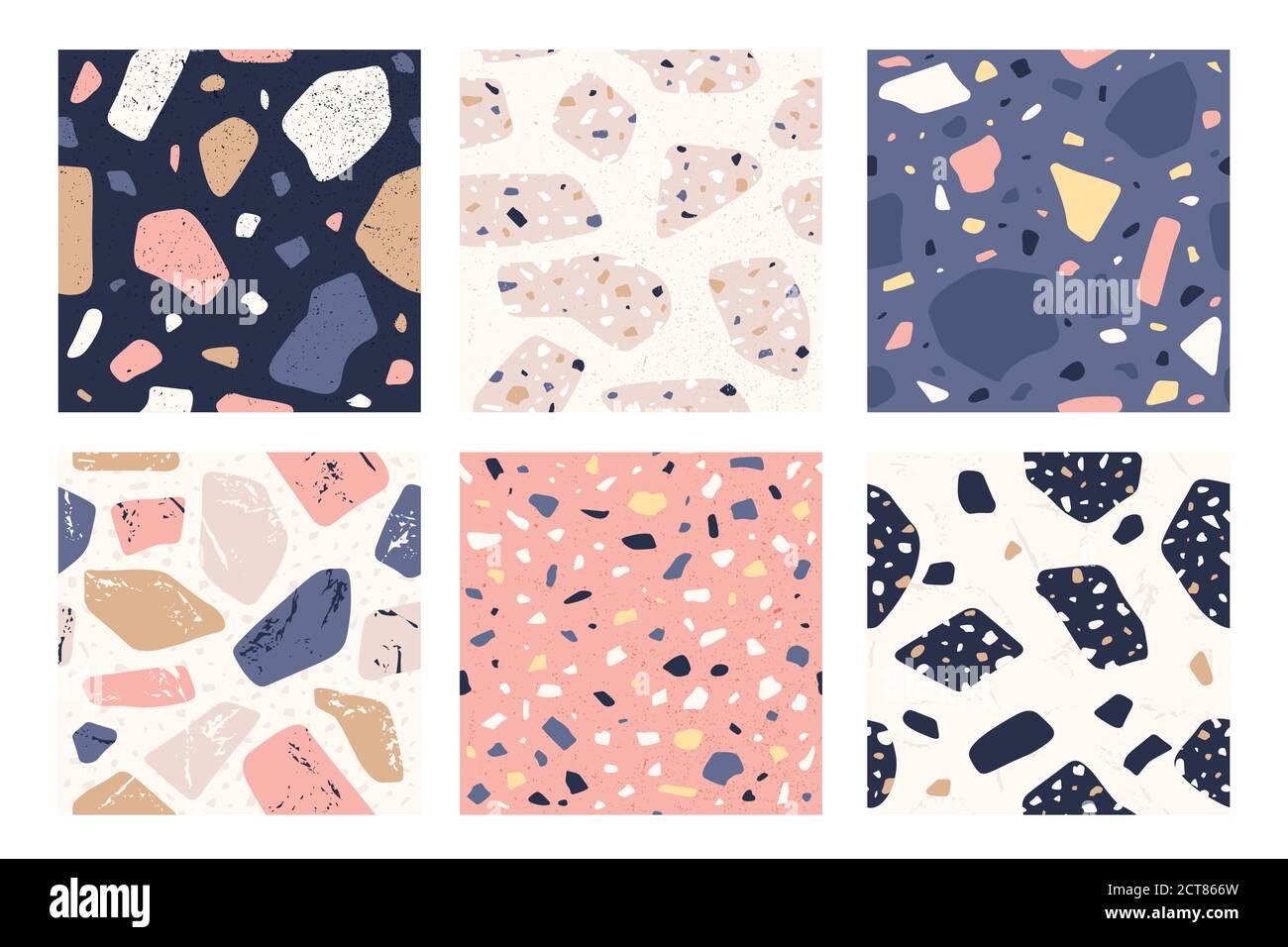 Terrazzo seamless pattern. Italian decorative stone tile with chaotic stains, granite mosaic textured shapes repeating sample vector set. Illustration Stock Vector