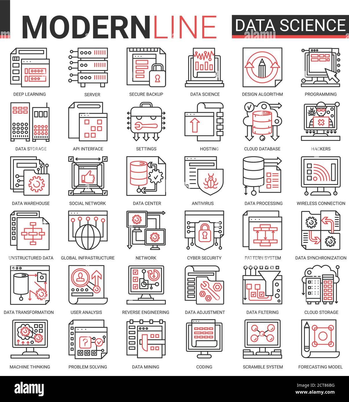 Data science complex thin red black line concept icon vector set with outline symbols collection scientific technology in database storage internet systems, cyber security of network connection Stock Vector