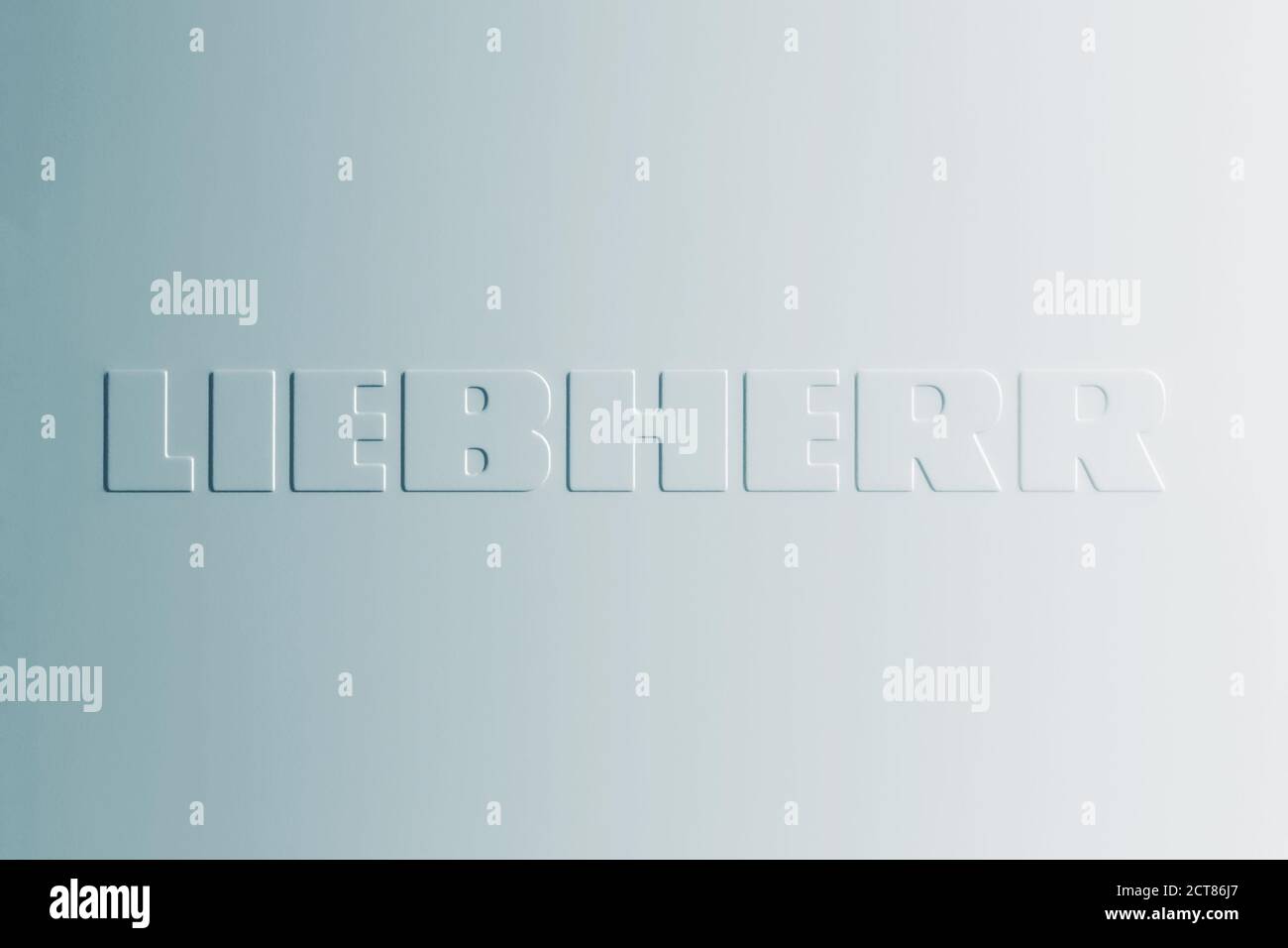 Liebherr logo on white kitchen refrigerator door, closeup - Moscow 20/09/2020 Stock Photo